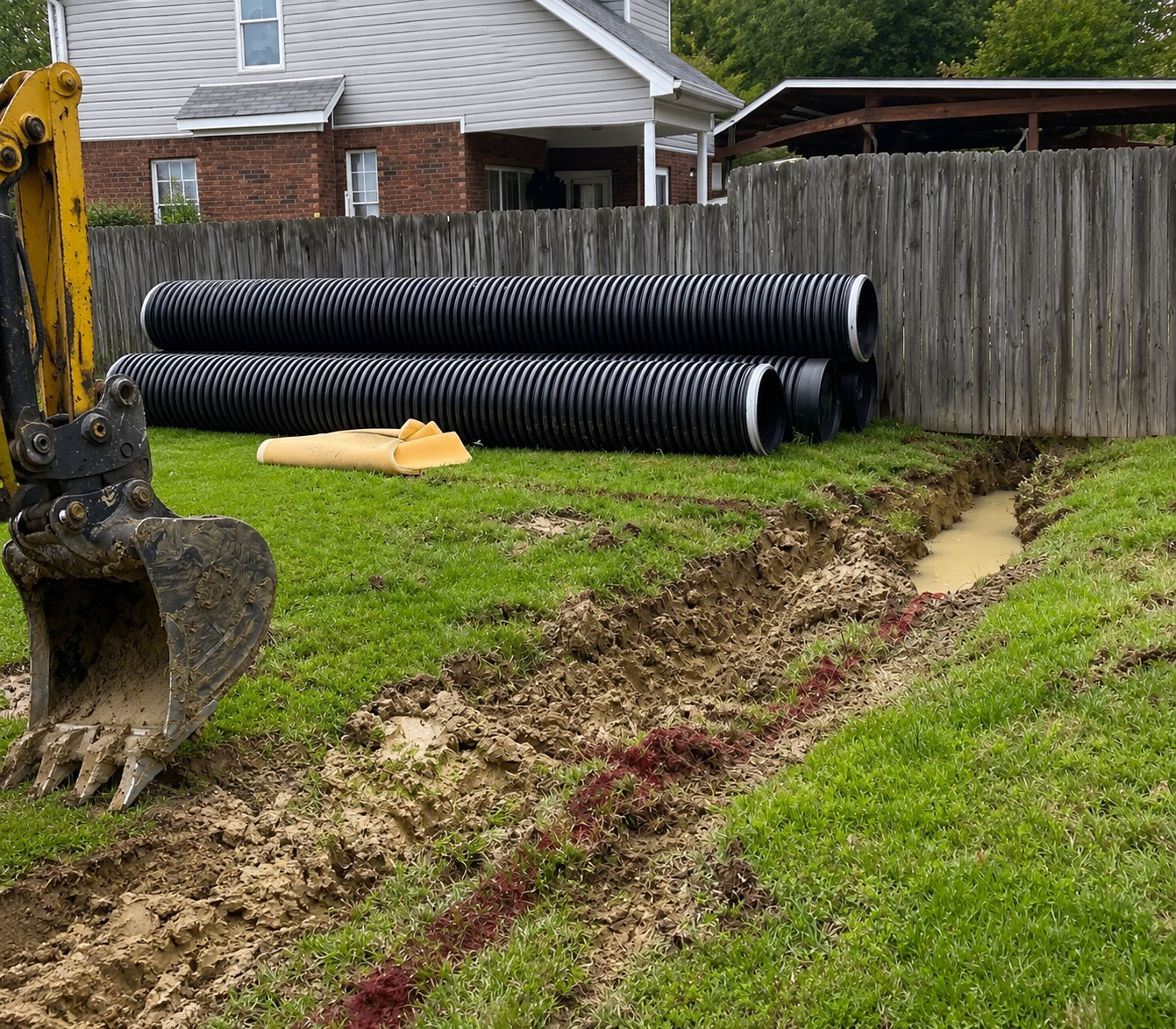 French drain trench and drainage pipe installation