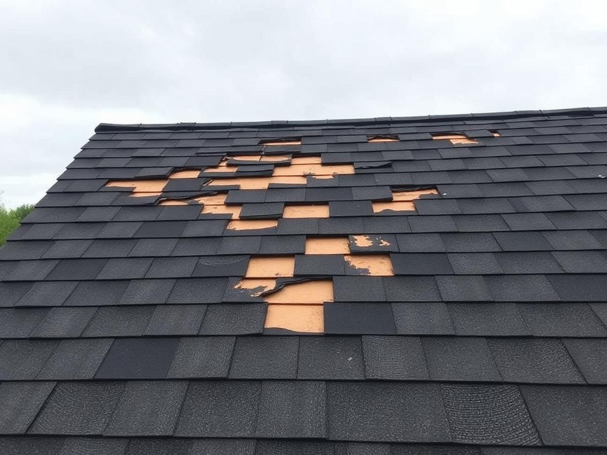 Wind damaged roof with missing shingles before replacement