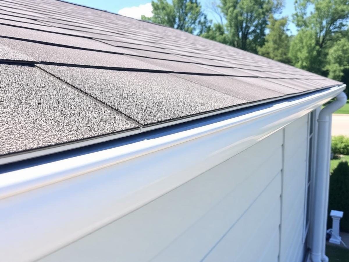 New seamless gutters and drip edge along a shingle roofline