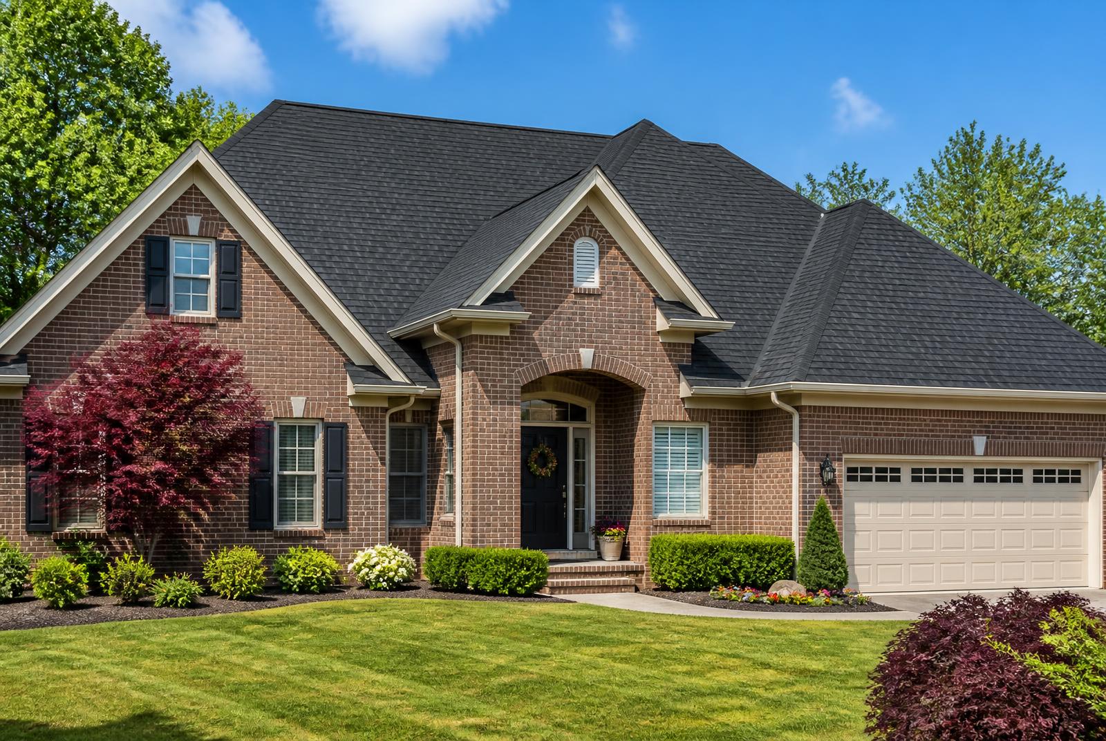 Completed architectural shingle roof on a brick home